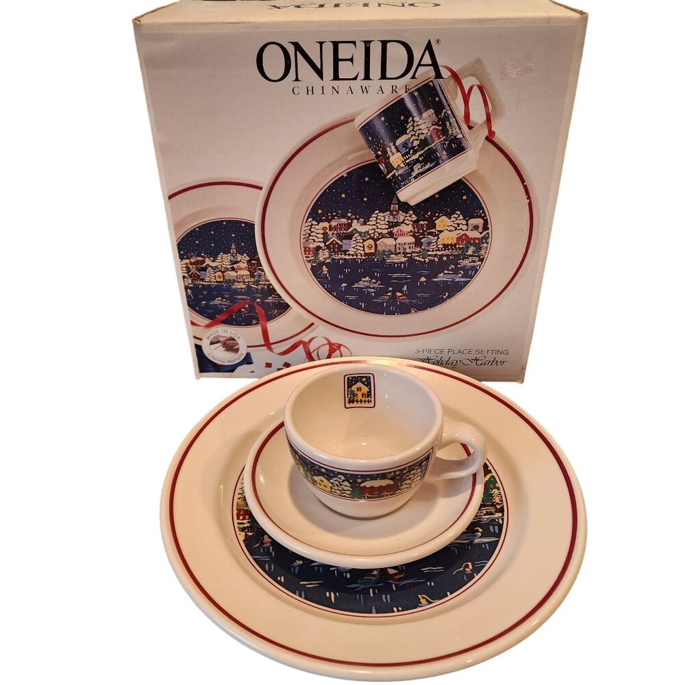 Oneida Holiday Harbor 3-piece setting winter village scene by Carol Eldridge.